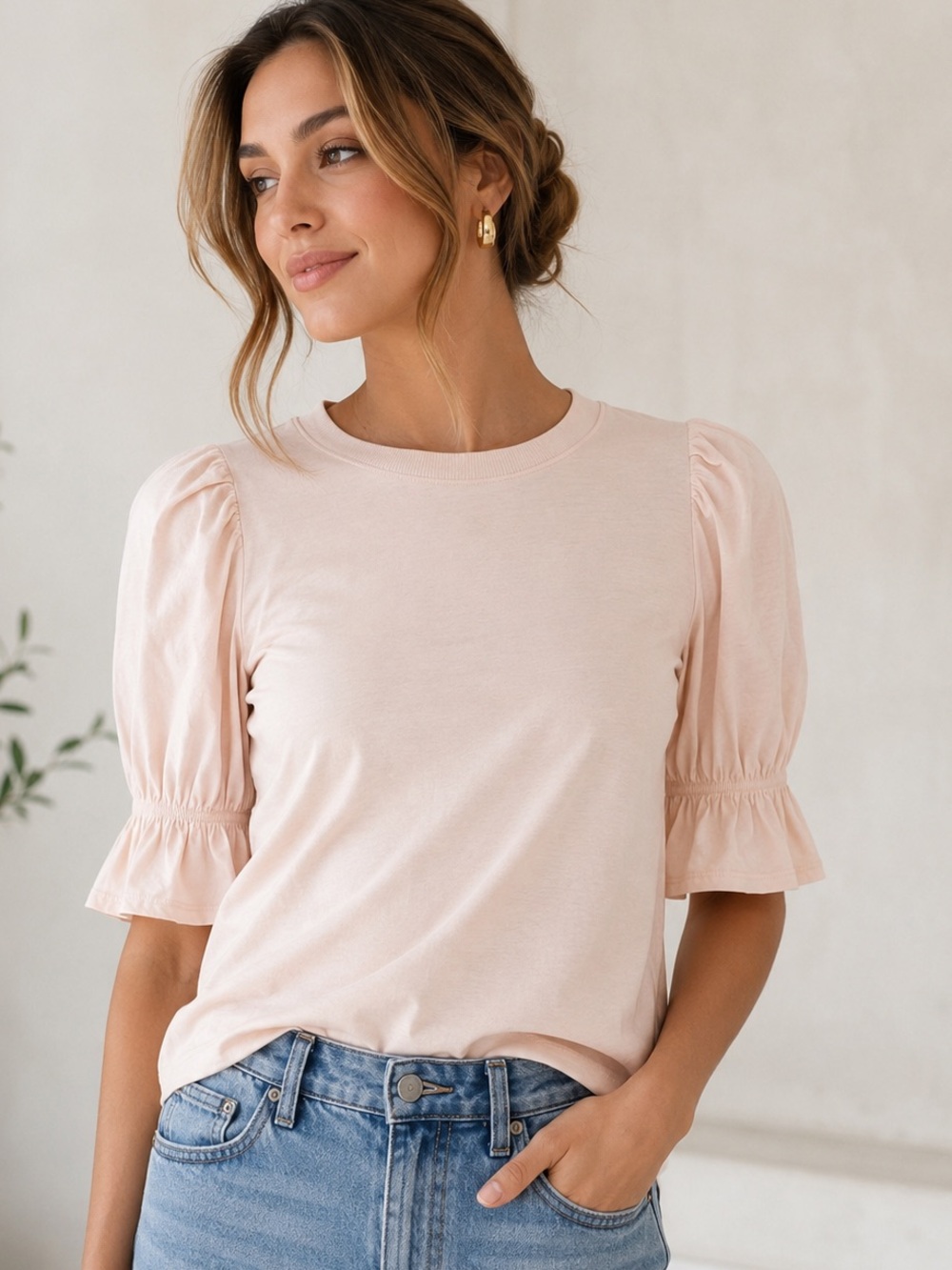 Nation LTD Blush Pink Puff Sleeve Tee Pima Cotton Size Small Elevated Basic